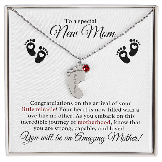 New Mother Gift | Engraved Baby Feet with Birthstone Necklace